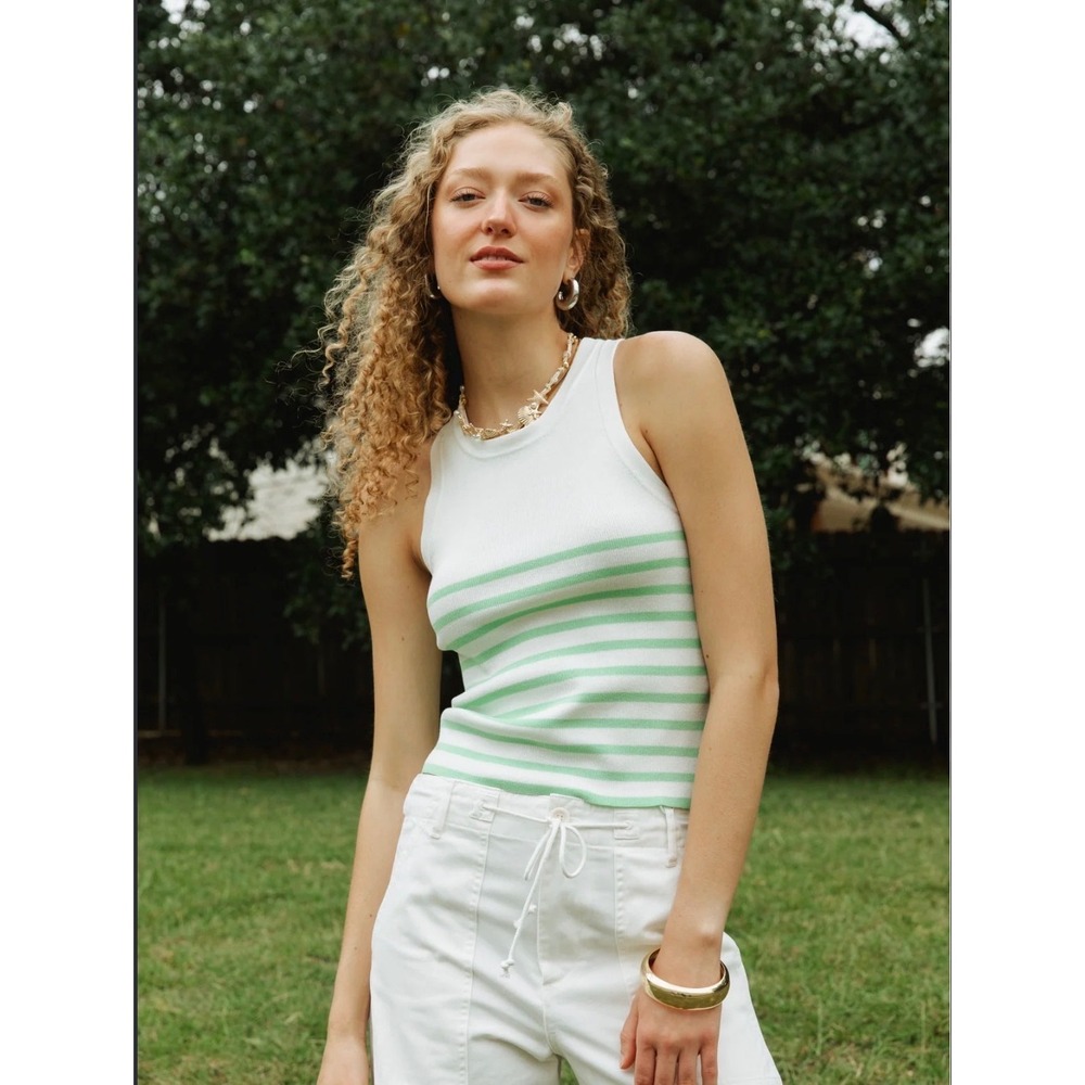 Ellison White Sage Green Striped Ribbed Knit Racerback Tank Top Large NWT